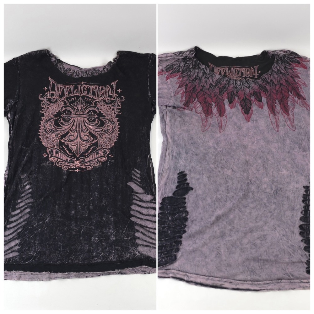 Affliction Shirt L Purple Black Short Sleeve Shirt Cross Wings Tattoo Reversible